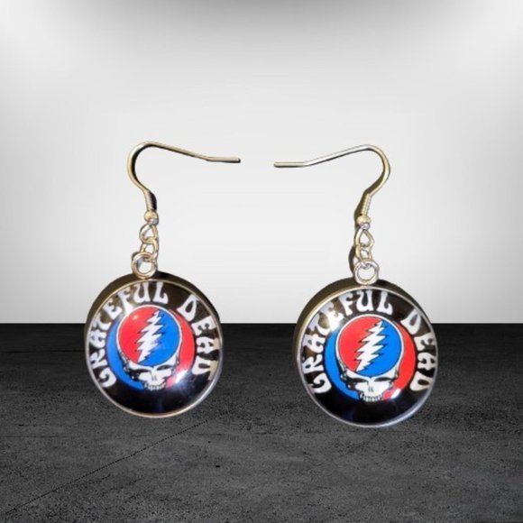 Grateful Dead Steal Your Face Earrings Glass Photo Cabochon Pendant NWOT - Picture 3 of 5